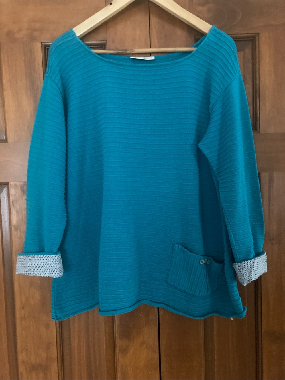 Margaret winters Women's large Teal Ribbed Tunic Sweater with Pocket Lagenlook